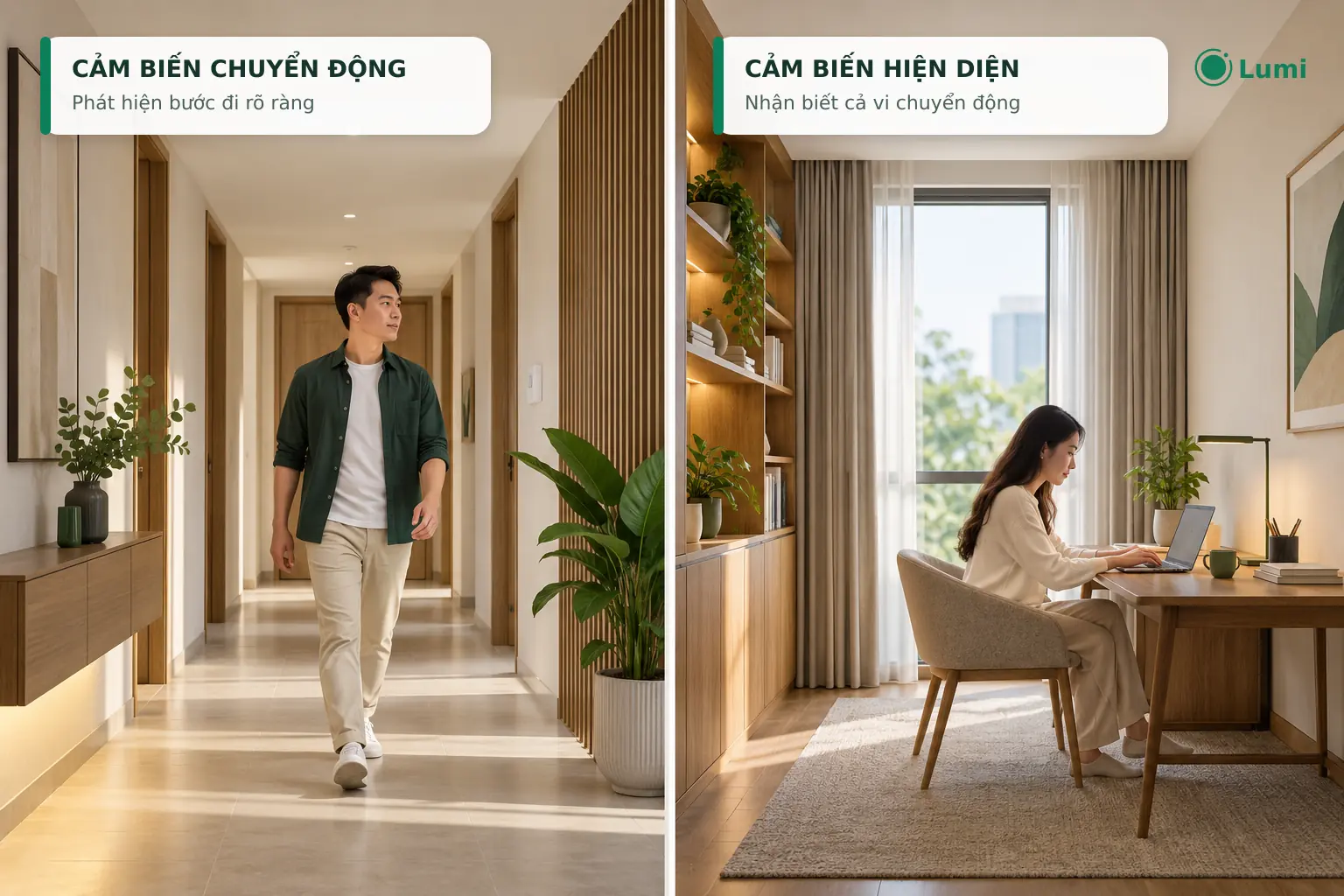 Hành lang cần phát hiện người đi qua, trong khi phòng làm việc cần tiếp tục nhận biết người đang ngồi tại bàn.