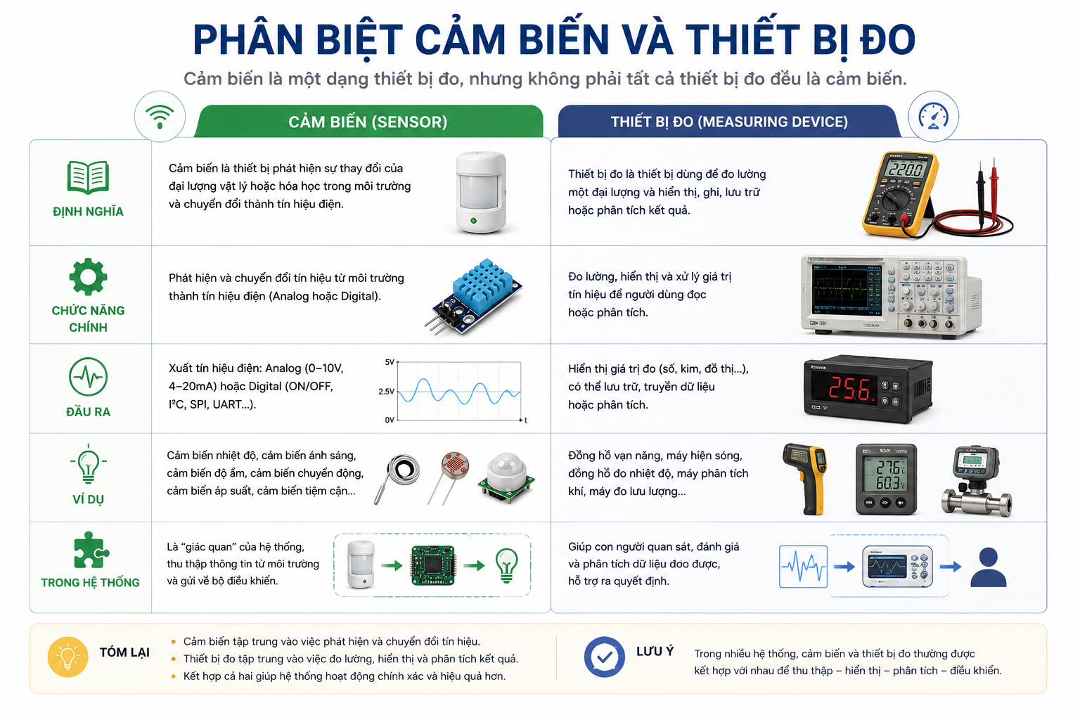 Bảng phân biệt cảm biến và thiết bị đo