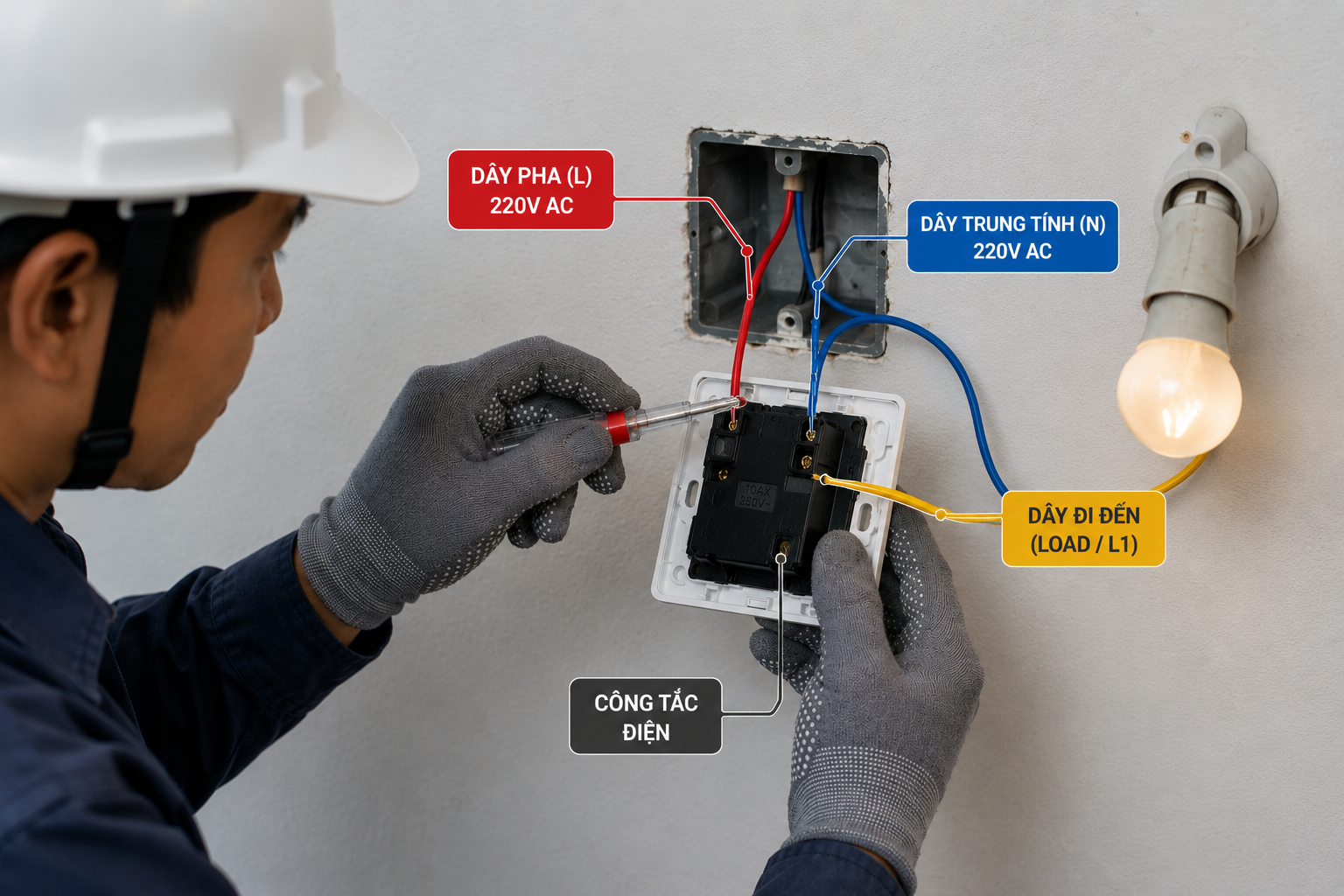 Người thợ đang đấu công tắc điện trong hộp âm tường
