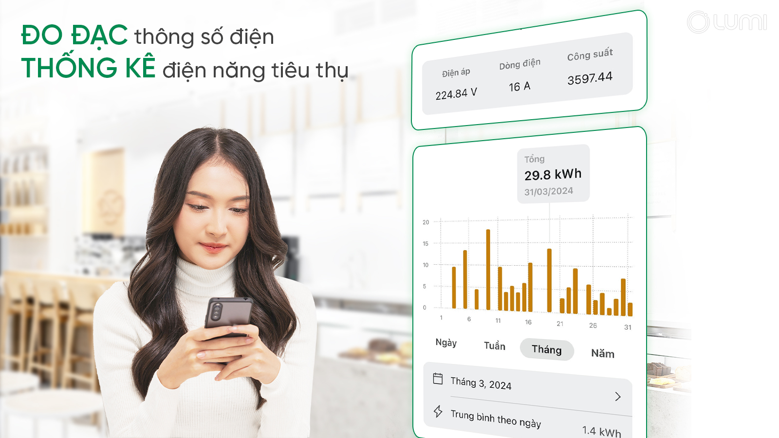 Theo dõi thông số điện, biểu đồ thống kê điện năng của bình nóng lạnh trên app Lumi IoT