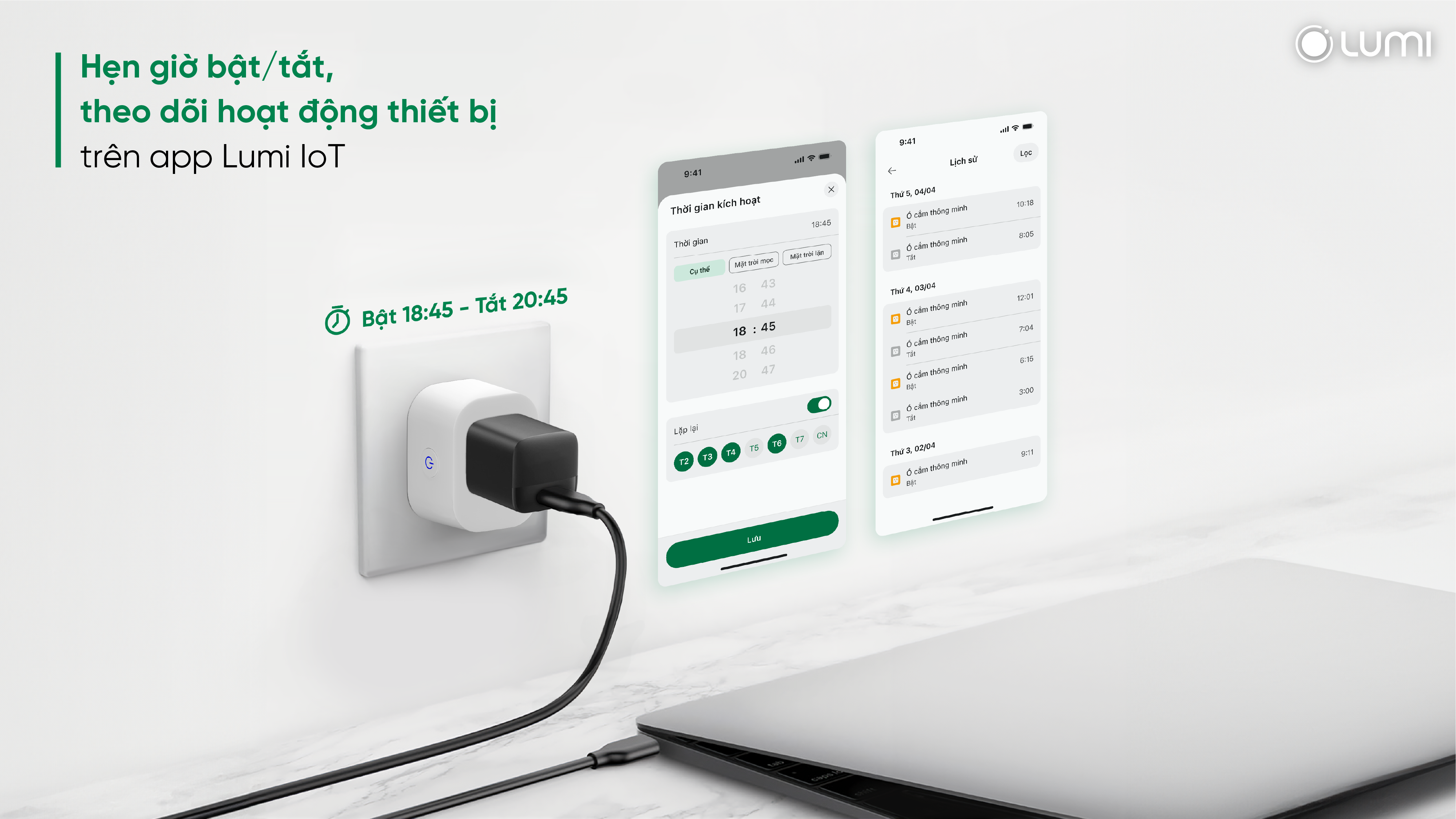 Ổ cắm thông minh Lumi giúp hẹn giờ bật bắt thiết bị trên App Lumi IoT