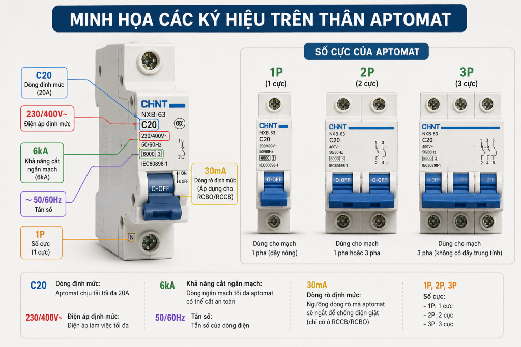 Các ký hiệu trên thân Aptomat