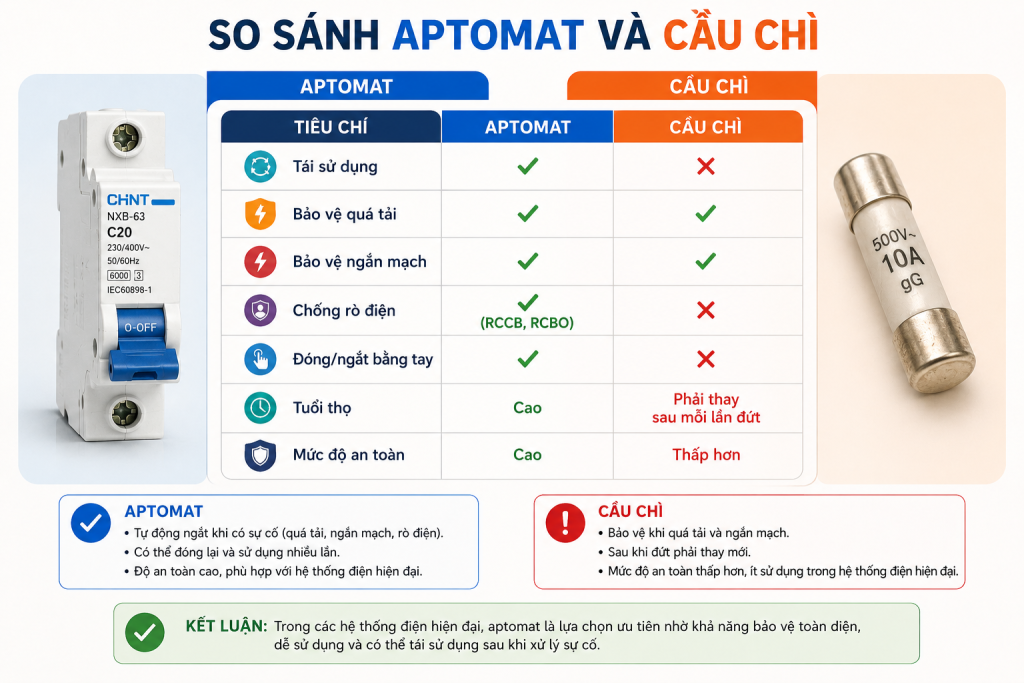Bảng so sánh giữa Aptomat và cầu chỉ