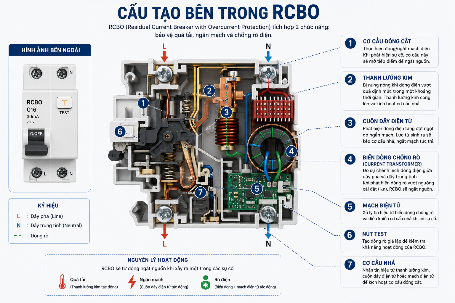 Cấu tạo cơ bản của RCBO gồm cơ cấu đóng cắt, thanh lưỡng kim, cuộn từ, biến dòng chống rò và nút Test