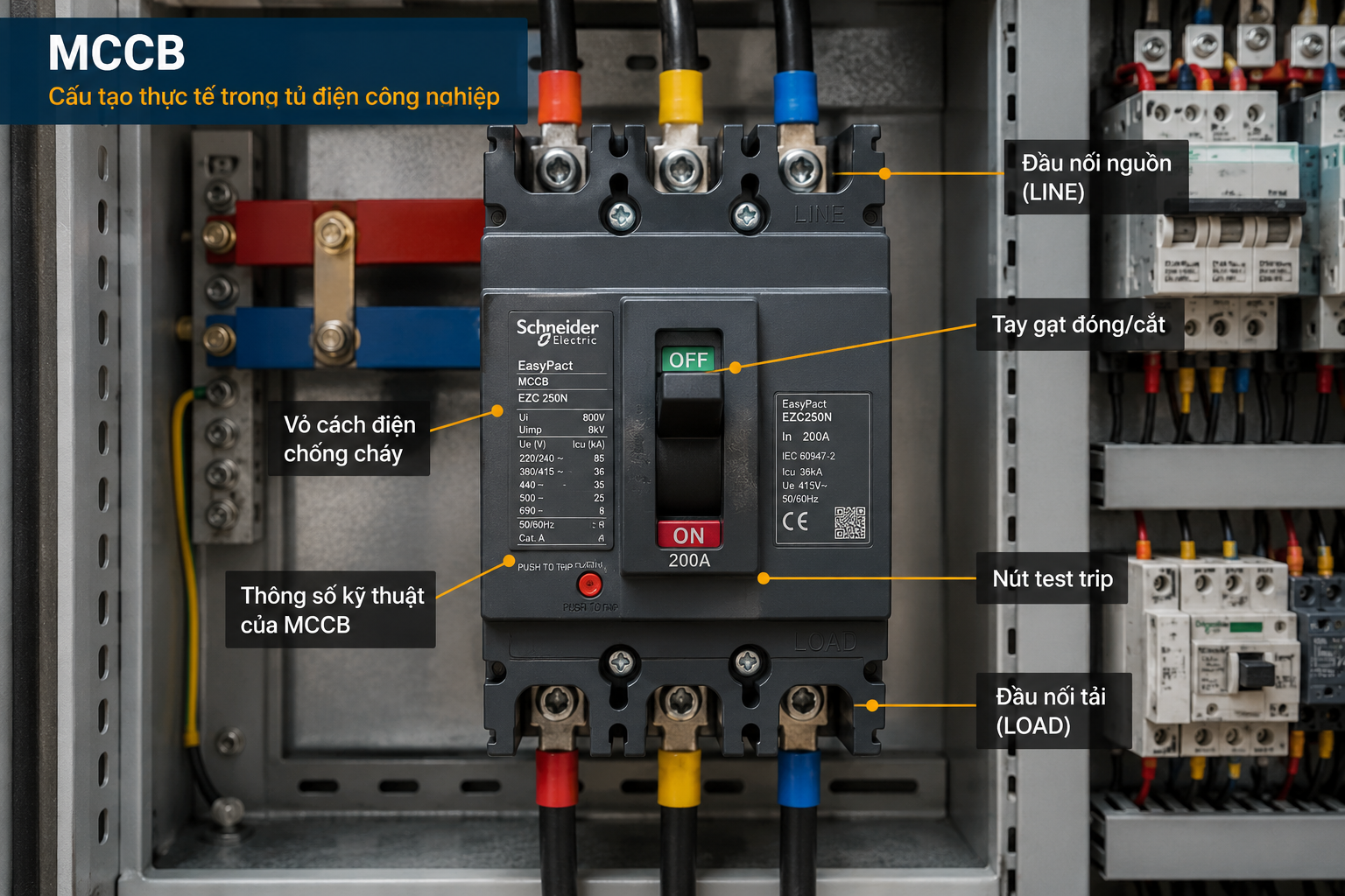 MCCB là thiết bị được thiết kế để bảo vệ các hệ thống có công suất lớn