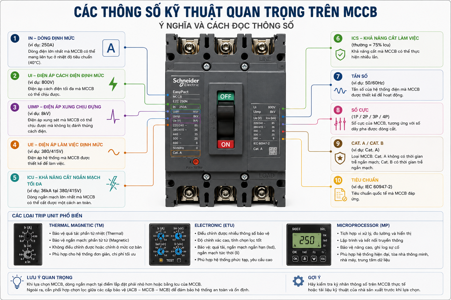Cận cảnh mặt trước của một MCCB với các thông số AF, AT, In, Icu, Ics, Ue, 3P