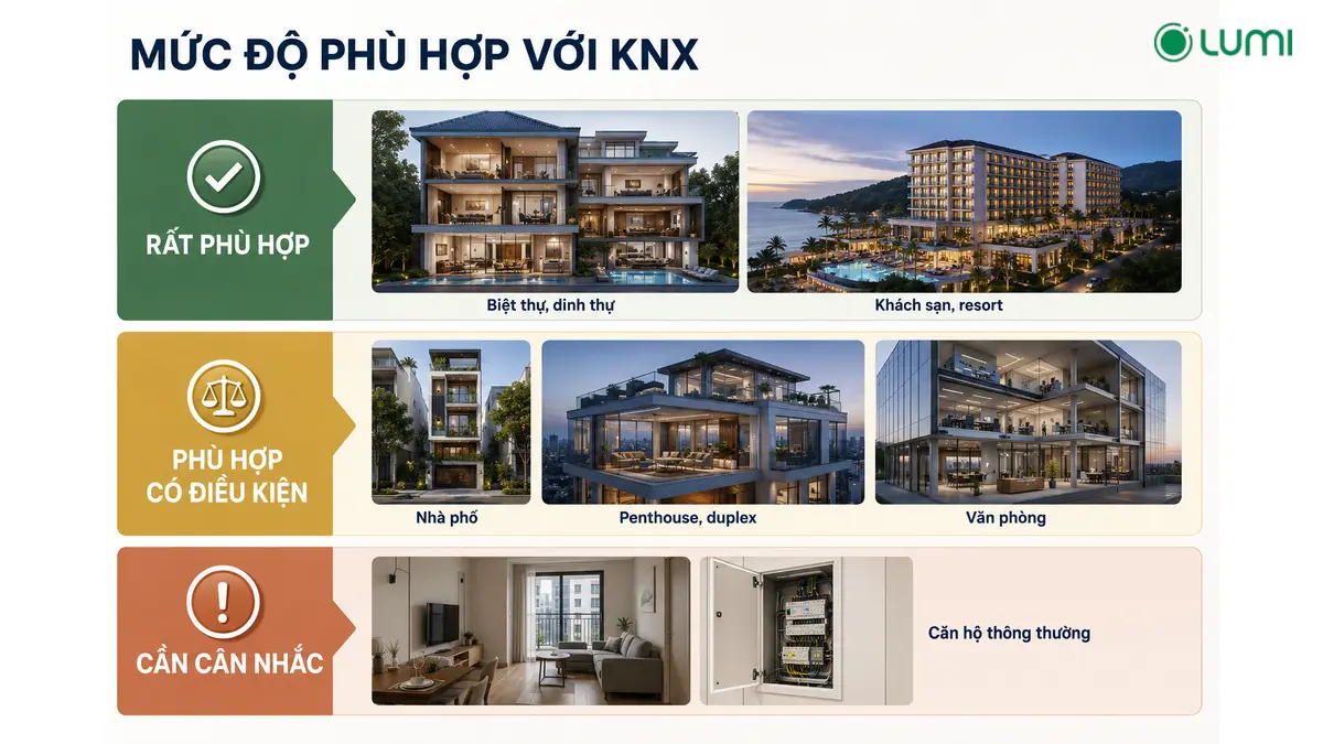 Infographic đánh giá mức độ phù hợp của KNX cho biệt thự, nhà phố, căn hộ, penthouse, khách sạn và văn phòng