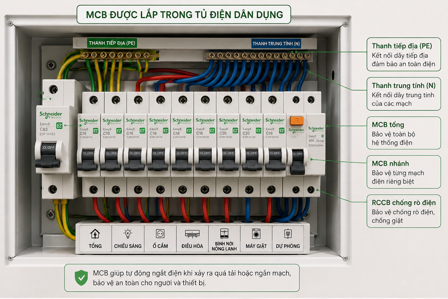 Hình ảnh mô phỏng MCB lắp trong tủ điện dân dụng
