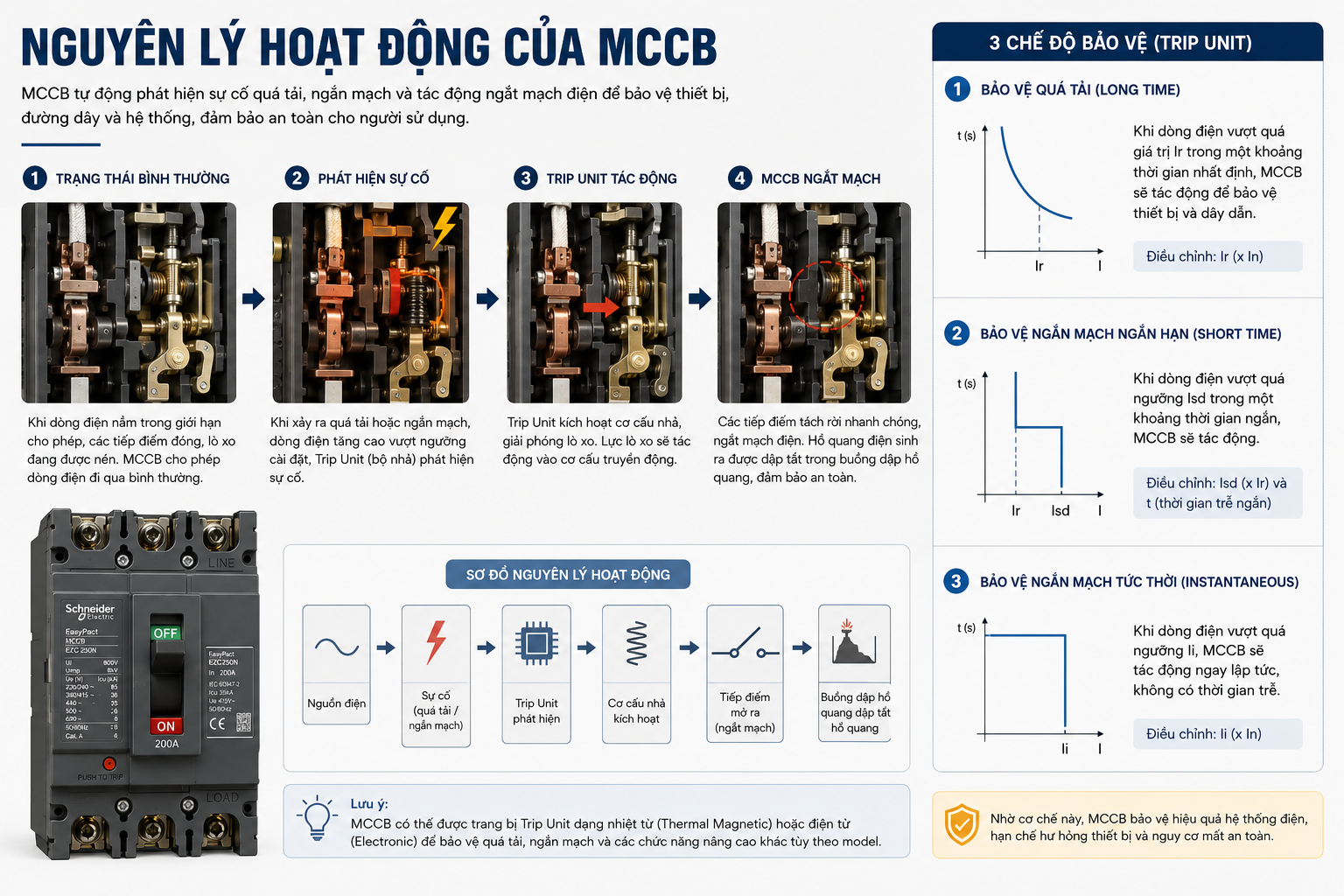 Sơ đồ nguyên lý hoạt động của MCCB với hai nhánh bảo vệ