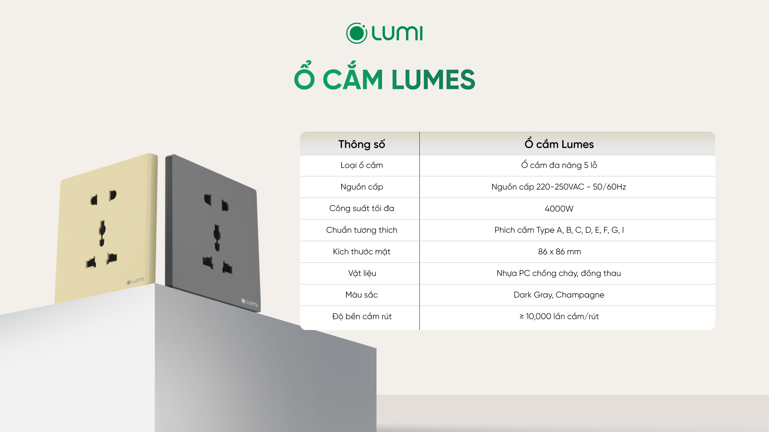 Thông số kỹ thuật ổ cắm Lumes