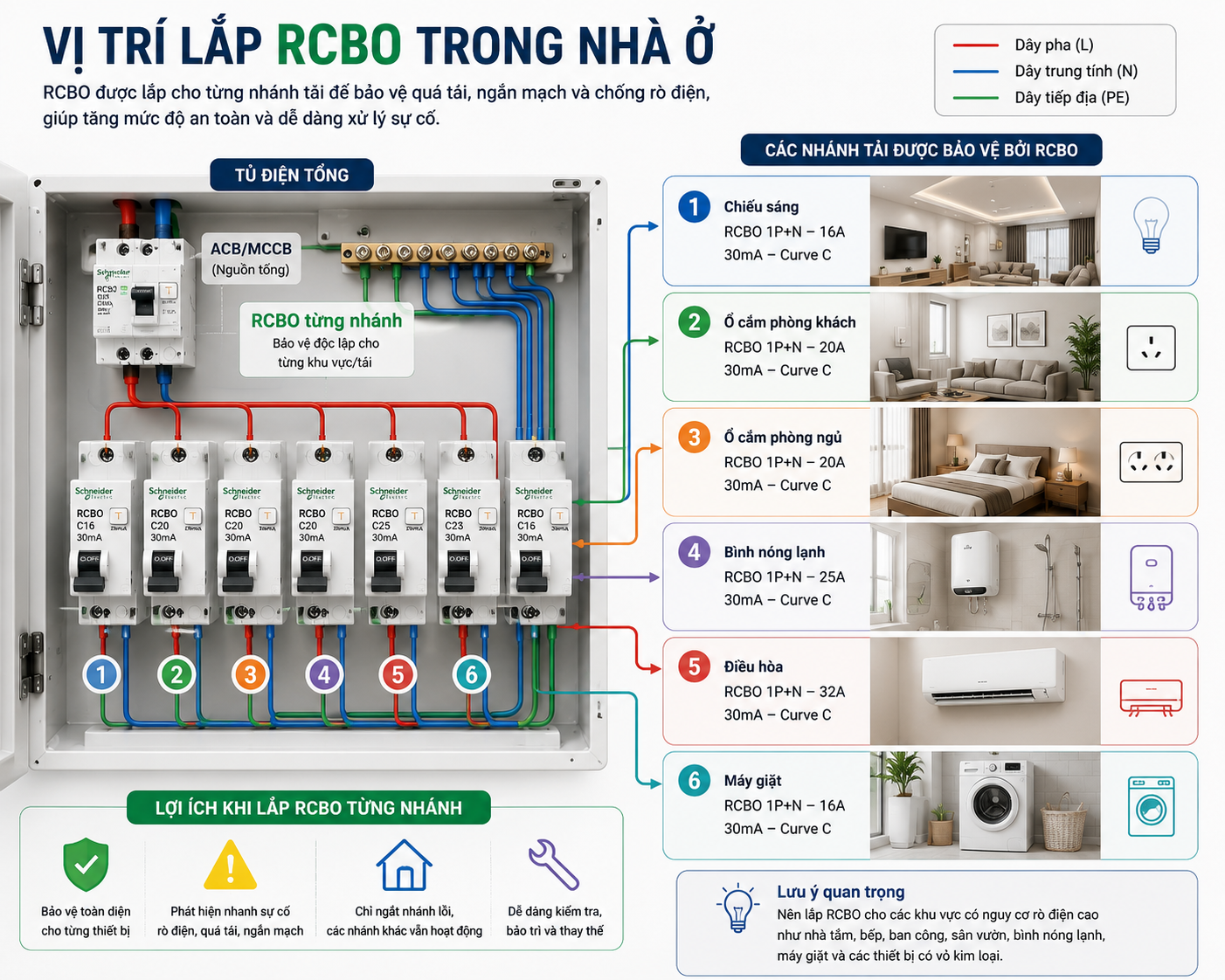 RCBO thường được lắp riêng cho các nhánh điện quan trọng nhằm tăng khả năng bảo vệ và dễ dàng xử lý sự cố