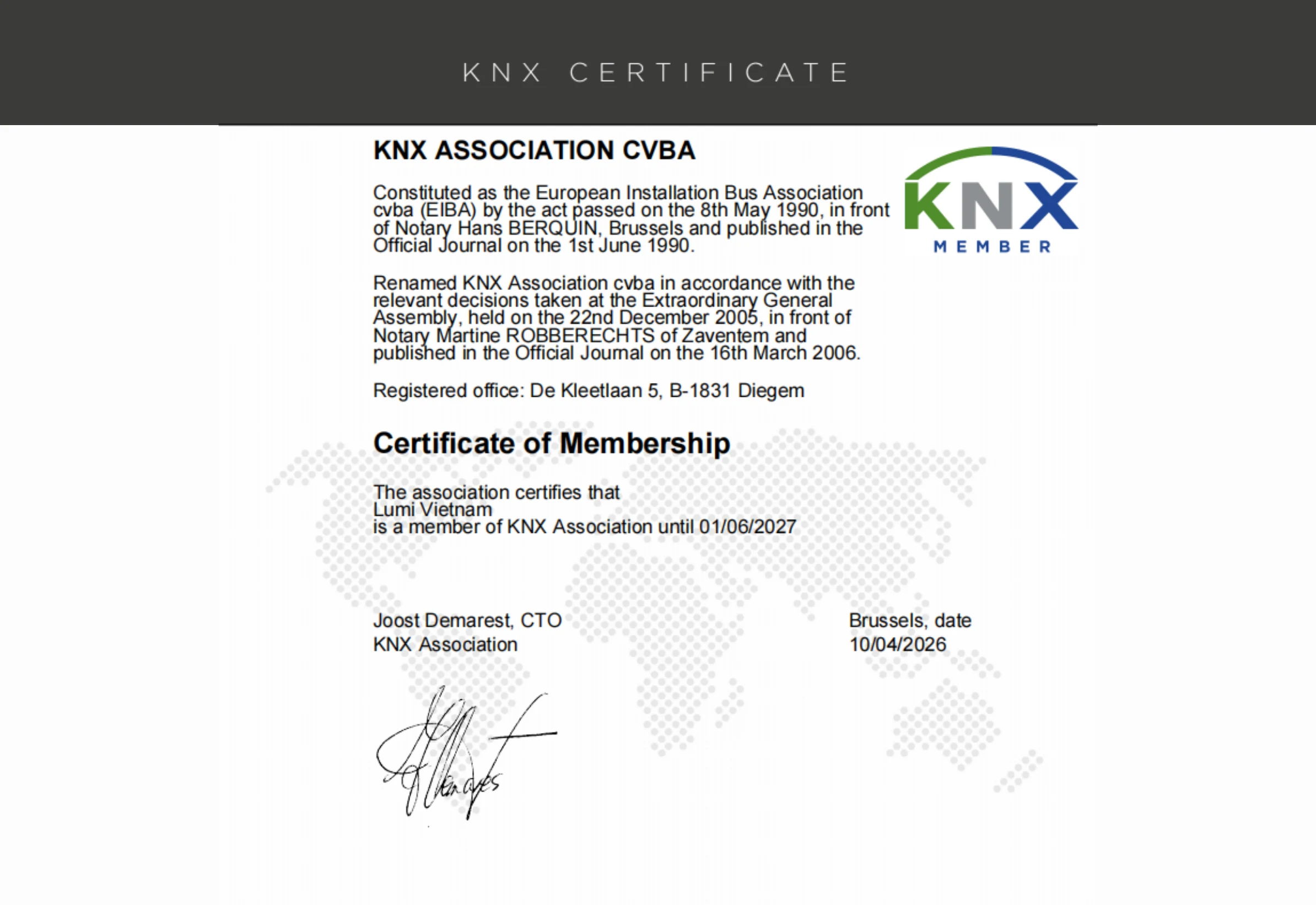 Chứng chỉ thành viên KNX Association cấp cho Lumi Vietnam