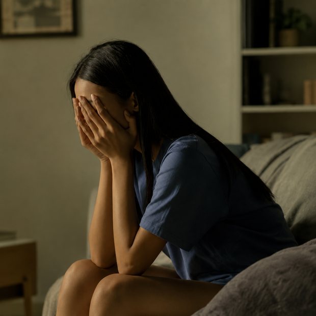 Người phụ nữ ngồi ôm mặt trong phòng thiếu sáng