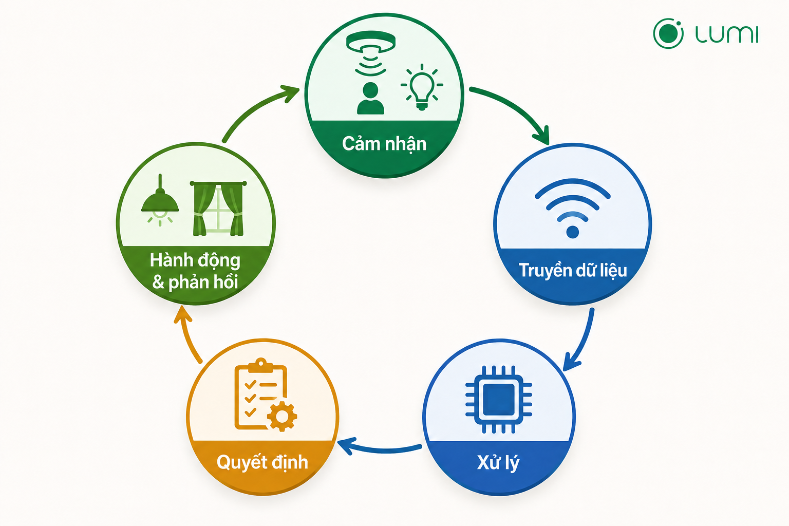 Sơ đồ vòng lặp Cảm nhận → Truyền dữ liệu → Xử lý → Quyết định → Hành động và phản hồi