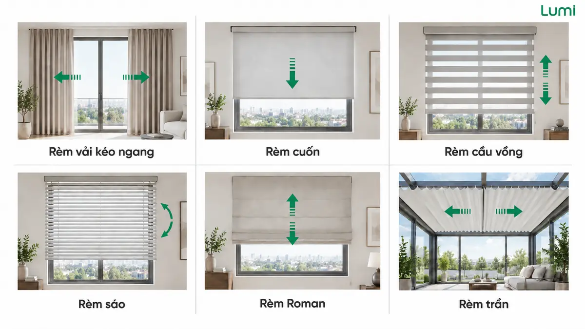 Phân biệt các loại rèm tự động theo cơ cấu và hướng chuyển động